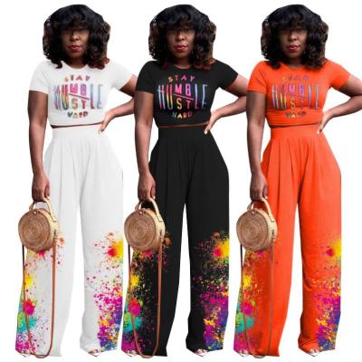 China 2021 Summer Women Lady Crop Letter Top Wide Leg QUICK DRY Fashionable Inkjet T-shirt 2 Pieces T-shirt Top Wide Leg Pants Sets For Women Dress for sale