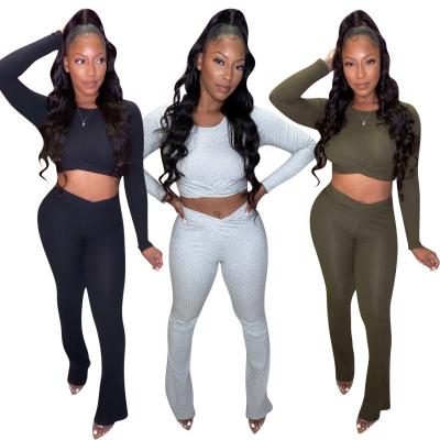 China 2021 Custom Fashion Women's Long Two Piece T-shirt Wrapped 2 Solid Color Skinny Crop Pants Set For Women Clothing 2021 for sale