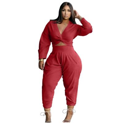 China Viable Drop Plus Size 3xl 2021 Women Ladies Fashion V-Neck Xiamen Shrink Leg Two Piece Panty 2 Loosely Set Outfits For Women Clothing Suit for sale