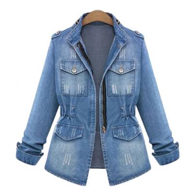 China 2021 Hot Sale Breathable Fall Women Plus Size Long Sleeve Stand Collar Zipper Lattice Denim Jacket Washable Skinny Coats For Women Clothing for sale