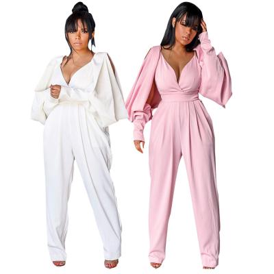 China 2021 Breathable Drop Womens Casual Ladies Elegant Loose Backless Plain Dyed Irregular Sleeves Wrapped Chest Rompers One Piece Jumpsuits 1 for sale