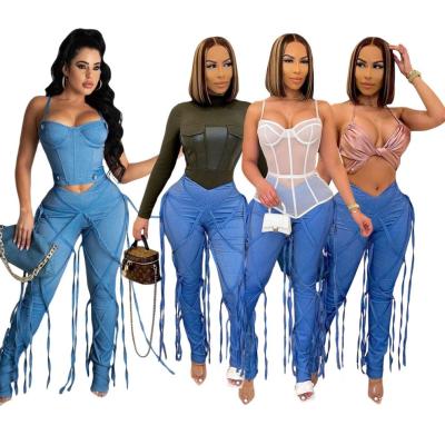 China 2021 Viable Plus Size Summer Spring Ladies Women Fashion Cute Drawstring Bandage Pants And Trousers Solid Color Jeans For Women Clothing for sale