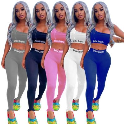 China 2021 Summer Solid Color One Shoulder Fashion Print Letter Print Letter Breathable Casual Tight Sports Two Piece 2 Piece Set Pants Set Women Clothing for sale