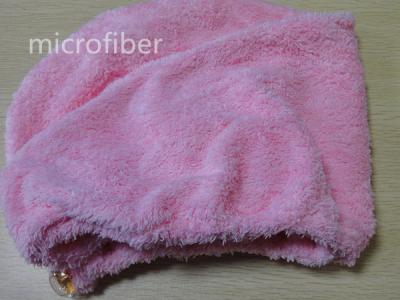 China Des Vlieshaares bunter microfiber Frau korallenroter Kappenturbanultra-saugfähiger Kristallknopf trockener zu verkaufen