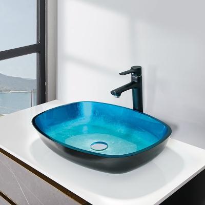 China Sky Blue Handmade Rectangular Vessel Sinks Tempered Glass 12mm for sale