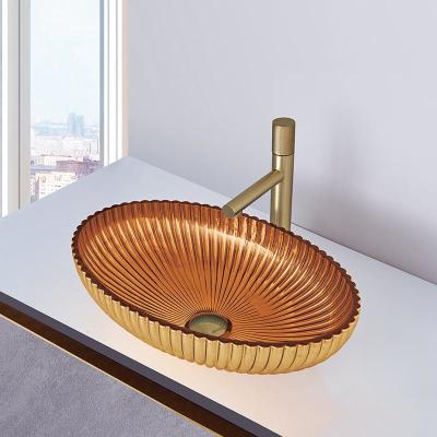 China Oval Shape Crystal Glass Vessel Basins In 24K Gold Color Bathroom Sink Basin Bowl for sale