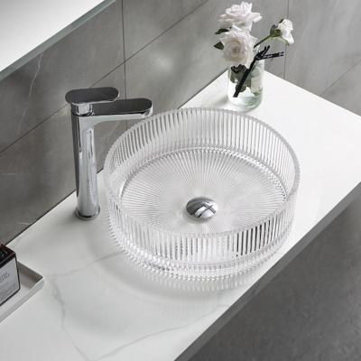 China Listras verticais modernas de Crystal Clear Glass Wash Basin que fundem dissipadores da bacia do banheiro à venda