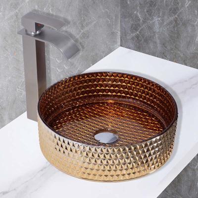 中国 Kitchen Countertop Mounted Glass Wash Basin In Electroplated Coating British Gold Color 販売のため