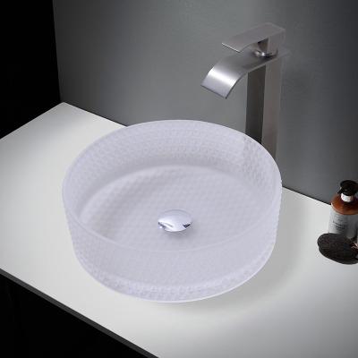 中国 Cylinder Shape Glass Wash Basin With Center Drain Location Acid Matt Glass Vessel Basins 販売のため