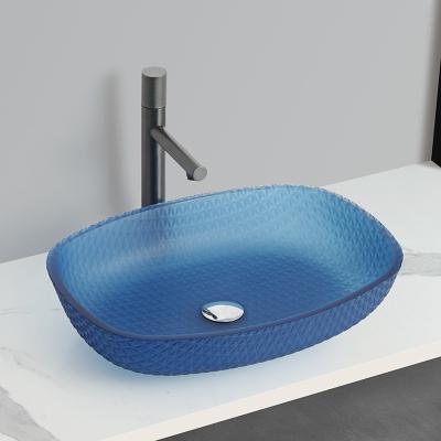 China Acid Matt Blue Vessel Basin Sinks 540*395*110mm 1 Hole Glass Basin zu verkaufen