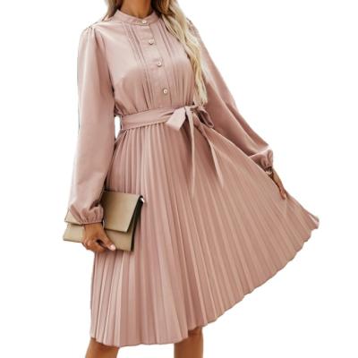 China Breathable Women's Pleated Dress Belted Shirt Dress Sleeveless Long Dress Style New Elegant for sale