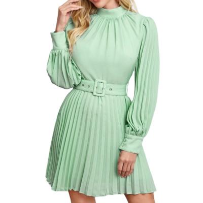 China Breathable Dress Women's Mock-Neck Self Loop Belted Pleated Dress Mint Green Casual Elegant Dress for sale