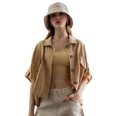 China QUICK DRY Solid Button Up Jacket 100% Casual Khaki Short Sleeve Polyamide Lapel Coat for sale