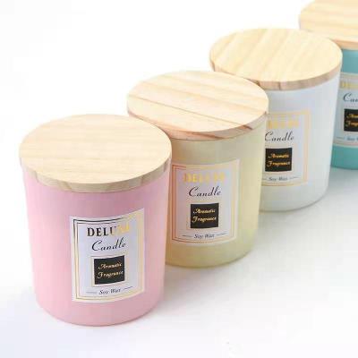 China Household Wholesale High Quality Bamboo Colorful Candle Cover Luxury 250ml Jar 9OZ Empty Glass Candle Jars For Candle Making With Lid for sale