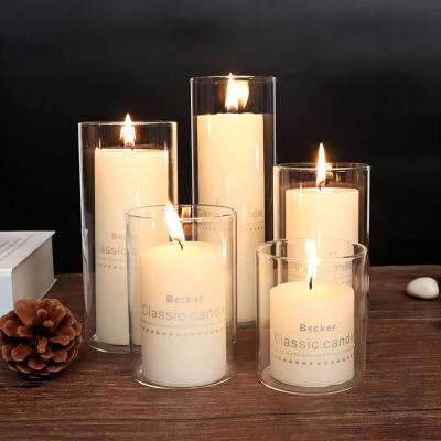 China Household Cylinder Empty Clear Lead Free Transparent Round Pillar Glass Candle Holder for sale