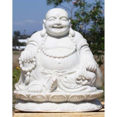 China Western White Jade Marble Buddha Large Garden Statues Laughing Maitreya Buddha With Baby for sale