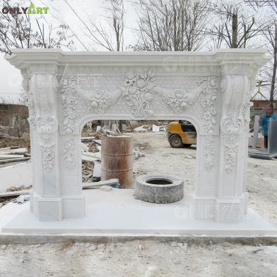 China French Hand Carved Electric Natural White Marble Stone Decorative Flower Fireplace Mantels Surround Frame for sale