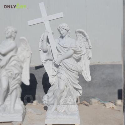 China Modern Outdoor Natural White Marble Angel Statue With Cross for sale