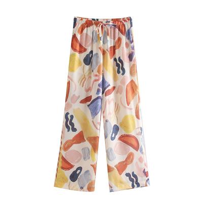 China New viable autumn style graffiti printed satin elastic waist ladies straight pants for sale