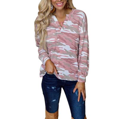 China Breathable Tie-dye Printed Pocket Long Sleeve Women Casual V-Neck Top for sale