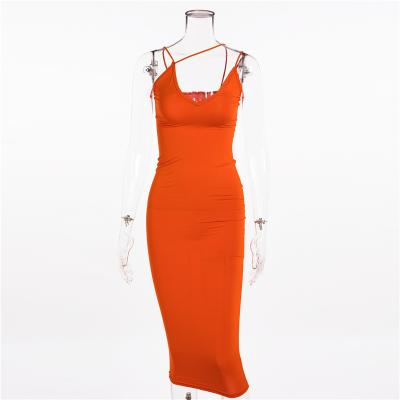 China Summer Waterproof Women's V-Neck Halter Strap Women's Tight Dress One-Piece Dress Solid Color Long Dress for sale