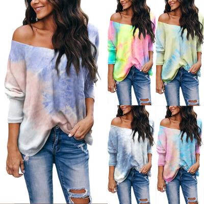 China 2021 autumn and winter QUICK-DRY women's tie-dye loose V-neck long-sleeved top T-shirt for sale