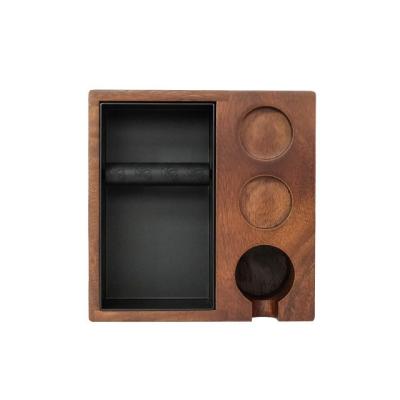 China Modern Wooden Coffee Kick Box Recessed Grounds Hollow Box Bar Square Stainless Steel Bottomless Coffee Knocking Grounds Bucket for sale