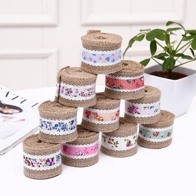 China Europe Width Natural Hessian Burlap Ribbon With White Decorative Lace Happy Birthday Gift Wrapping Roll for sale