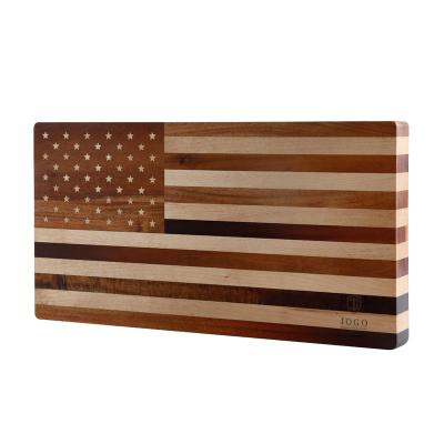 China Custom Hand Crafted USA Flag Logo End Grain Solid Wood Acacia Beech Butcher Chopping Cutting Block Board Viable For Kitchen for sale