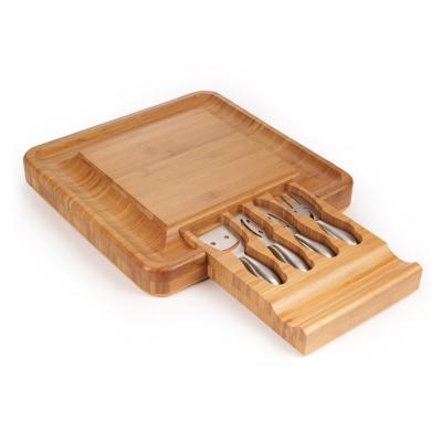 China Sustainable 100% Natural Bamboo Cheese Cutting Board Set Cutlery With Steel Knife Set for sale