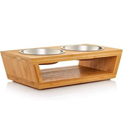 China Sustainable Bamboo Raised Bowl Holder Water Food Pet Feet Metal Wheels 5.5 Inches For Dog And Cats for sale