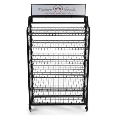 China Retail Store Supermarket Floor Standing Metal Wire Basket Display Rack 4 Layers Snack Chips Potato Chip Food Double Sides Stand for sale