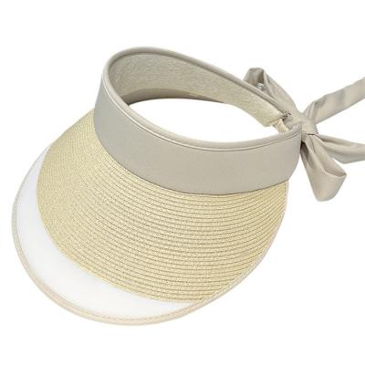 China Picture Straw Sun Visor For Women Adjustable Ponytail Summer Beach Hat With Bowknot Ribbon Elastic Back Summer Straw Visor Hats for sale