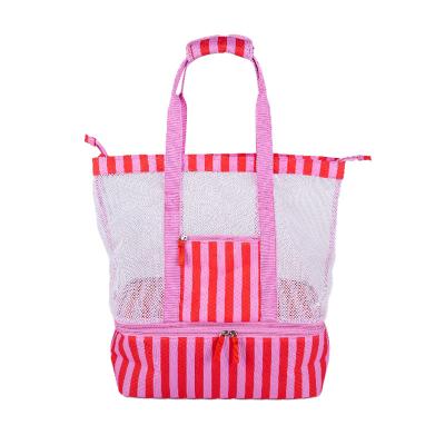 China Eco-friendly larage capacity Detachable Striped Women Mesh Beach Tote Picnic Bag with Cooler Compartment Insulated for sale