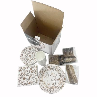 China Disposable Antique Dinnerware Party Supplies Brass Gold Floral Paper Set for sale