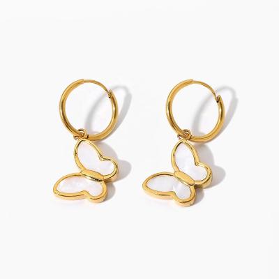 China Stainless Steel Shell Butterfly Hoop Earrings Jewelry New Trendy 18K PVD Gold White for sale