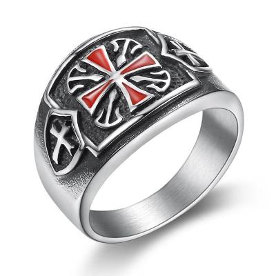 China Silver Stainless Steel Mens Punk High Fashion Mens Jewelry Vintage Red Cross Rings for sale