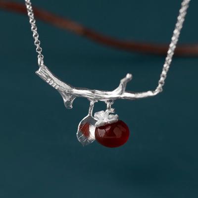 China TRENDY Handmade 925 Sterling Silver Jewelry Red Agate Fruit Leaf Choker Necklace for sale