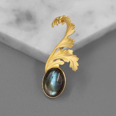 China 925 Silver Vintage Labradorite Party Flower Leaf Vine Brooch Pin for sale