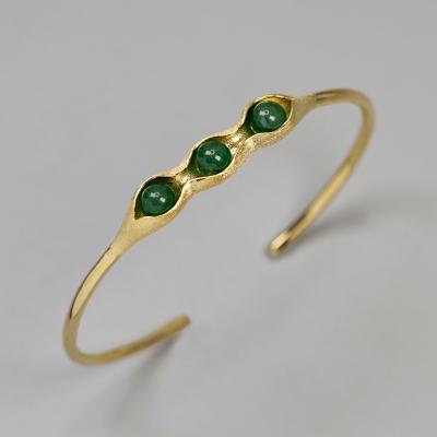 China New Design 925 Sterling Silver Natural Jade Pea Lug Cuff Bracelet FASHIONABLE for sale