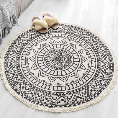 China Hot Sale Washable Custom Around Bohemian Cotton and Canvas Floor Mat Tassel Moroccan Carpets and Blankets for Living Room for sale