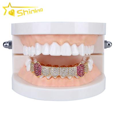 China Hiphop Gold Plated Top Bottom High Quality Diamond Grillz Mouth Teeth Grills Set Bling for sale