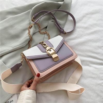 China Fashion Lady Sling Bag Paneled Color PU Leather Cross Body Bag For Women 2020 New Wide Strap Shoulder Messenger Bag Ladies for sale