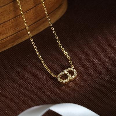 China The Other Letter Necklace Luxury Brass Light Gold Inlaid Rhinestones Choker Necklace Women Retro for sale