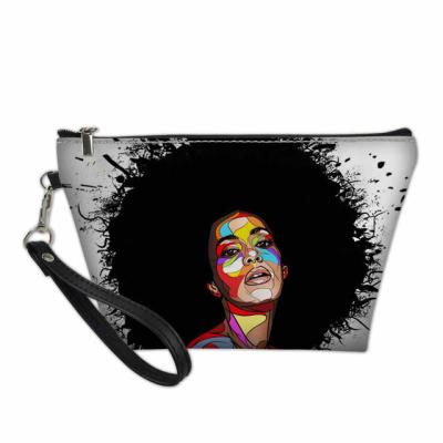 China High Quality Art Afro Lady Girls Print Black Make Up Bag Organizer Cosmetics Women Makeup Case Travel Cosmetic Bag for sale