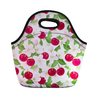 China Cherry Print Customize Polyester Picnic Tote Small Waterproof Insulated Lunch Bag Kids Backpack School Girl Bag for sale