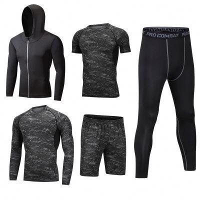 China 2021 Custom 5Pcs Men's Breathable Workout Clothes Compression Pants Shirt Long Sleeve Top Jacket Set Suit Face Cover for sale