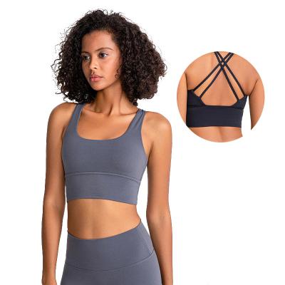 China Sports Top 32 Color Breathable Fitness Backless Gym Bra With Full Support Cups Removable Soft Compression Yoga Bra for sale