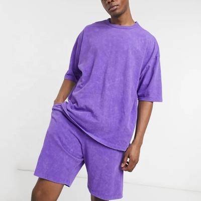 China Breathable Washed Purple Crewneck T-shirt Drop Shoulders Matching Pants Tracksuit Sweatsuit Shirt Wash Shorts Pants 2 Pcs Tracksuit for sale