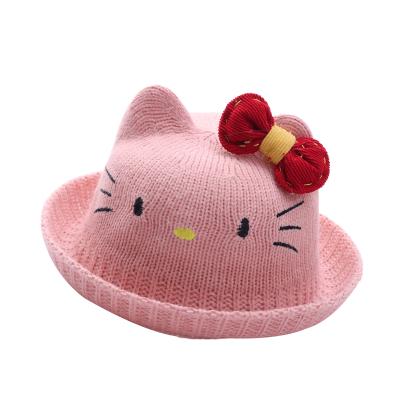 China Autumn And Winter Baby Hat Bow Kitten Fisherman Soft Wholesale Cute Knitting Embroidered Hat for sale